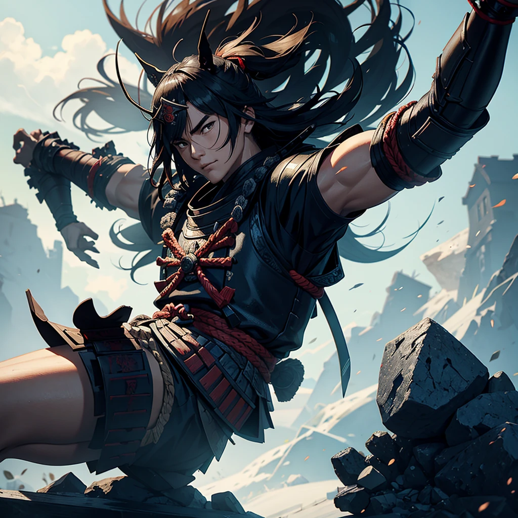 Samurai with arm turning to stone