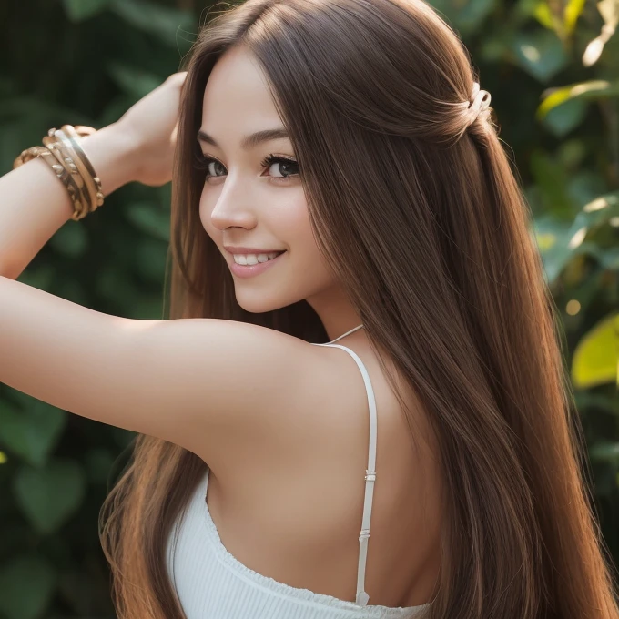 A woman taking a photo, smile, Happy, Long hair that goes up to the ????????, Straight hair, Detailed skin, Daytime, Hot summer day, Natural light, Detailed face:1.2, Sharp focus, Hasselblad Photos, Tabletop, light makeup, Cinema Lighting, 4K, Highest quality、Beautiful Hair