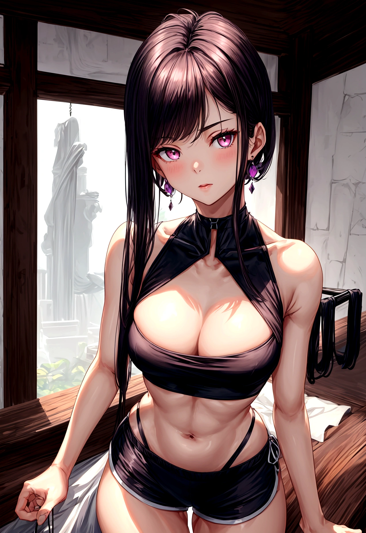 (sleeveless halter neck crop top, knee length waist band gym shorts ),gorgeous, masterpiece, best quality, high-resolution, finely detailed, extremely detailed and beautiful, distinct-image, 1 girl, 16 year old teenager, solo, sharp facial features, oval shaped face. cherry pink lips, lightly tanned white skin. velvet-colored eyes, C-cup breasts, tall height(175cm), slim yet chiseled body type, short shoulder length dark violet-black hair, small narrow waist, long and slender legs, curvy wide hips, elegant training courtyard setting
