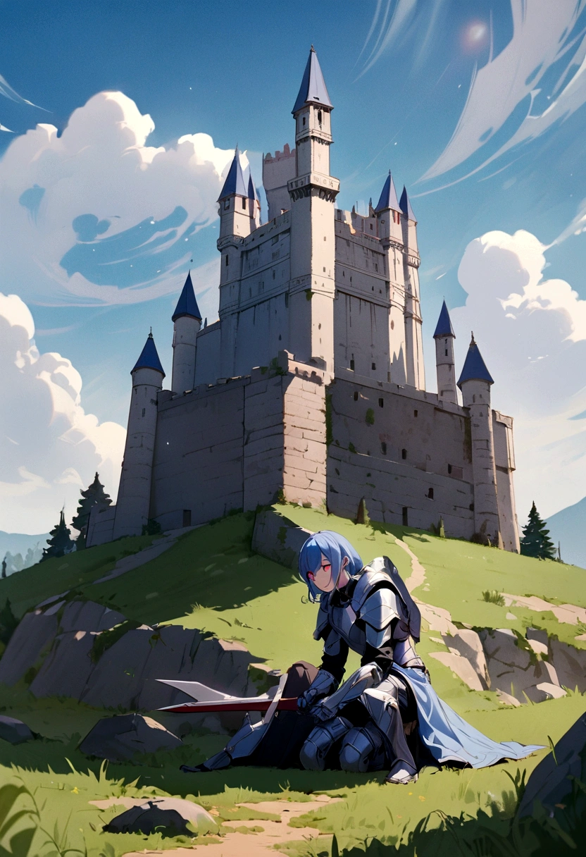 Medium blue hair male ,purple with red eyes color ,full body armor , rest his hands on big sword emeded to ground ,stand in brave over hill ,background of castle