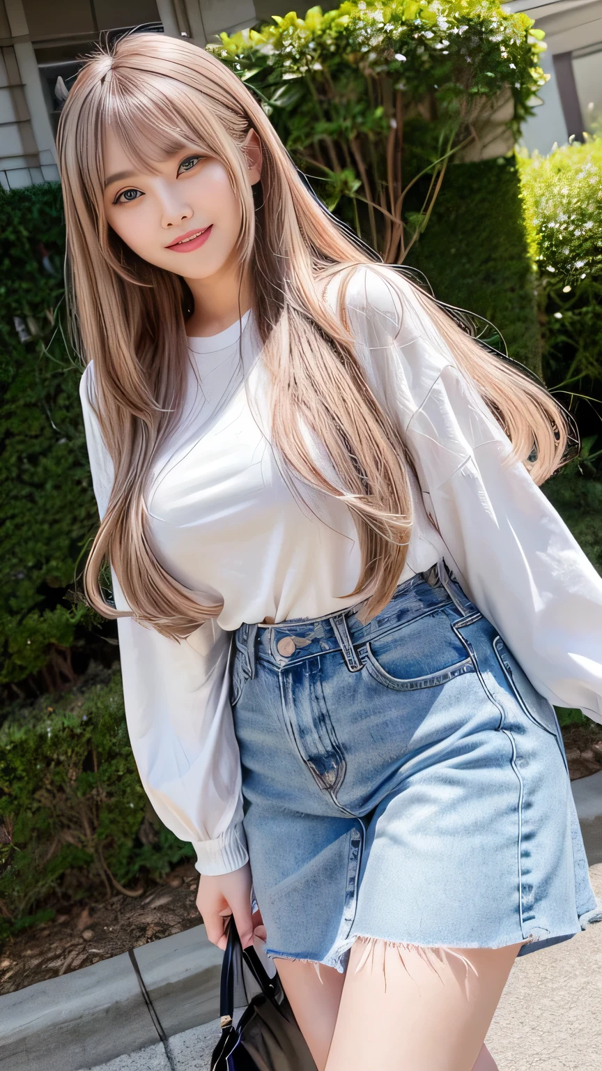 Sexy big ,13 year old beautiful girl looks sexy and cute & Cute beautiful sexy face, A strong wind blows my hair in front of my face,Beautiful super long metallic blonde medium length hair。Her long bangs hide her beautiful, cute and sexy eyes.。、Belly button shirt、Very short pink and black checkered miniskirt、Turn around and look at me with a smile、Cute eyes hidden by long bangs、yawn、Double teeth、Reduces the appearance of nasolabial folds、