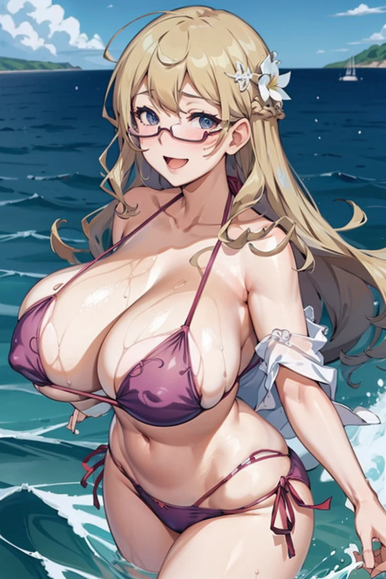 (high-level image quality、masutepiece、hight resolution、4K,8K,Official art:1.1),((Anime cel drawing style)),(breasts out,nipples:1),kisaragi ayane,(eye glass、Long hair、blondehair:1.2),Smile,blush,(bikini:1.2),(sea:1.3),(water,wet),((massive breasts,gigantic breasts:1.5)),open mouth,cowboy shot,leaning forward