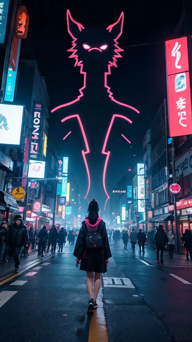 A gigantic unknown monster suddenly appearing in the city center.""A young Japanese woman walking through neon-lit streets in futuristic attire, with the monster's shadow looming behind her."