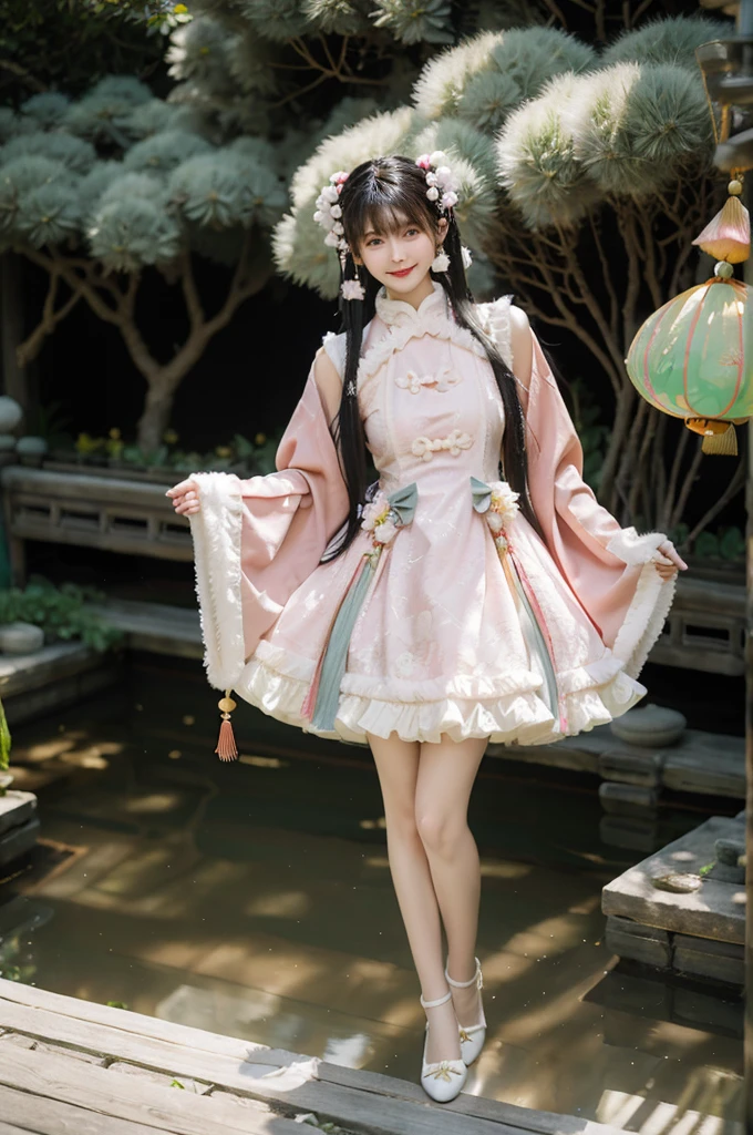 best quality, quality, masterpiece, photorealistic, 1girl, solo, standing, full body, black hair, straight hair, looking at viewer, smile, hair ornament, cyb dress, chinese clothes, frills, halter dress, long sleeves, white print legwear, high heels, chinese garden, flower, tree, detailed background,