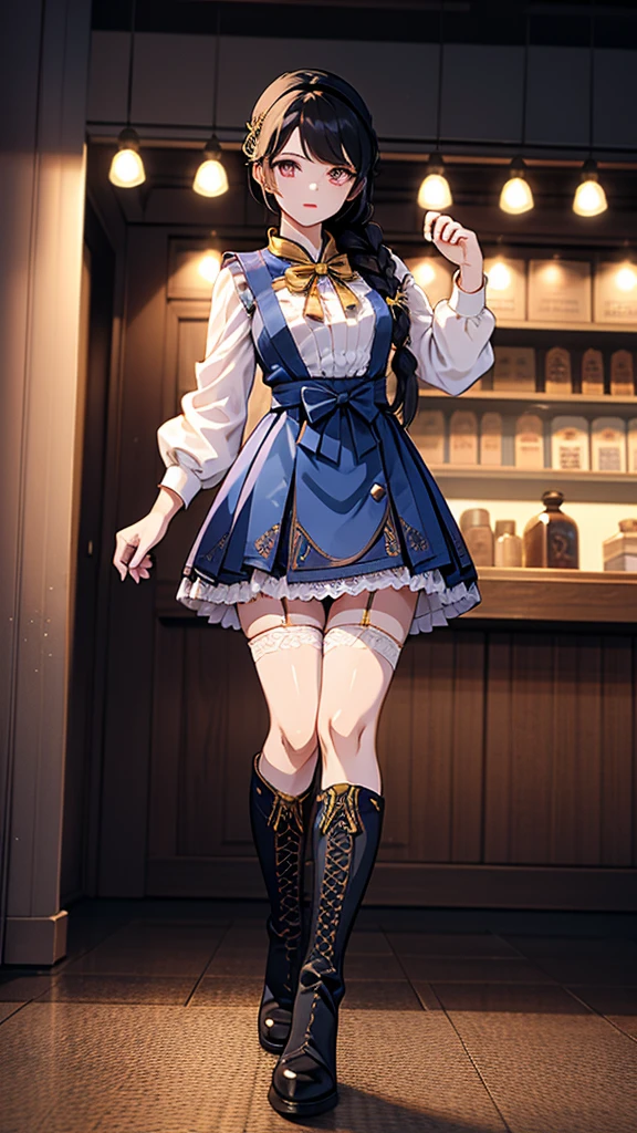 braid,单条braid,Dress,蓝色Dress,Blue skirt,Black Hair,Black Hair,Golden Eyes,Golden pupils,Lace decoration,White knee socks,White garter stockings,Boots,黑色Boots,Sassy,Handsome,cool girl,Mature girl,Busty girl