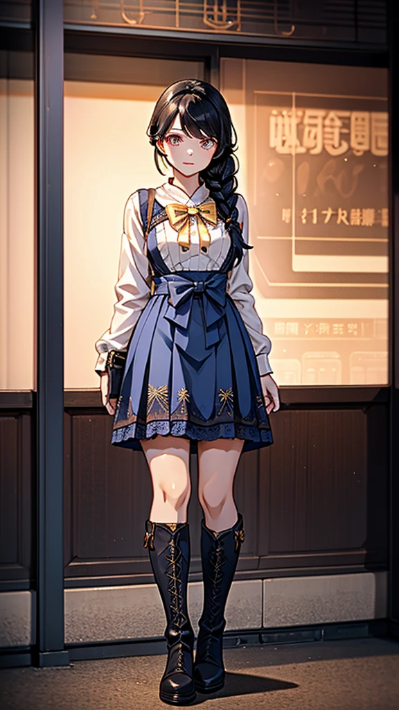 braid,单条braid,Dress,蓝色Dress,Blue skirt,Black Hair,Black Hair,Golden Eyes,Golden pupils,Lace decoration,White knee socks,White garter stockings,Boots,黑色Boots,Sassy,Handsome,cool girl,Mature girl,Busty girl
