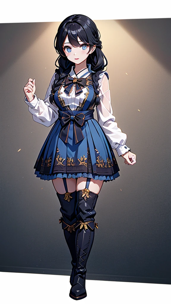 braid，单条braid，Dress，蓝色Dress，Blue skirt，Black Hair，Black Hair，Golden Eyes，Golden pupils，Lace decoration，White knee socks，White garter stockings，Boots，黑色Boots，Sassy，Handsome，cool girl，Mature girl，Busty girl