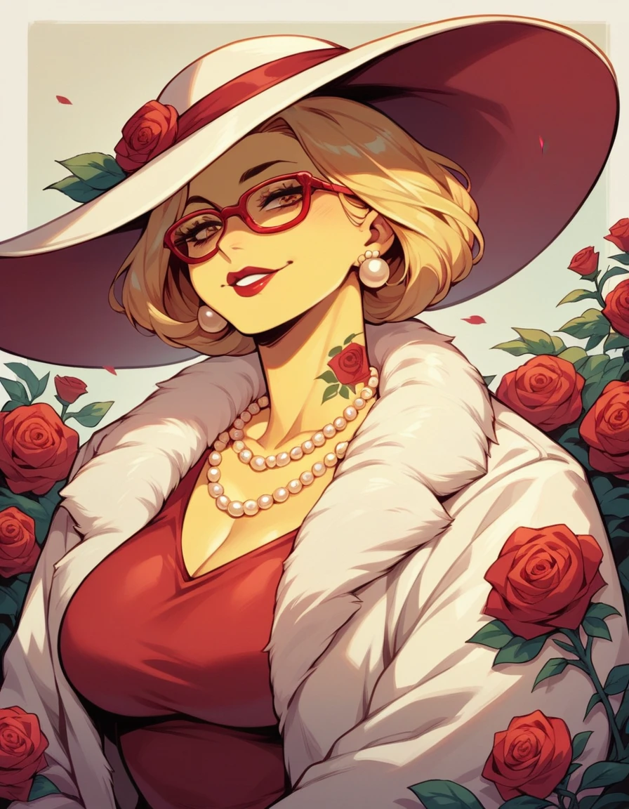 blonde hair woman, milf, several golden pearl necklaces, long necklaces, red glasses, roses tattoos covering the entire body, thin chin, red dress, red big hat, yellow fur coat jacket, friendly