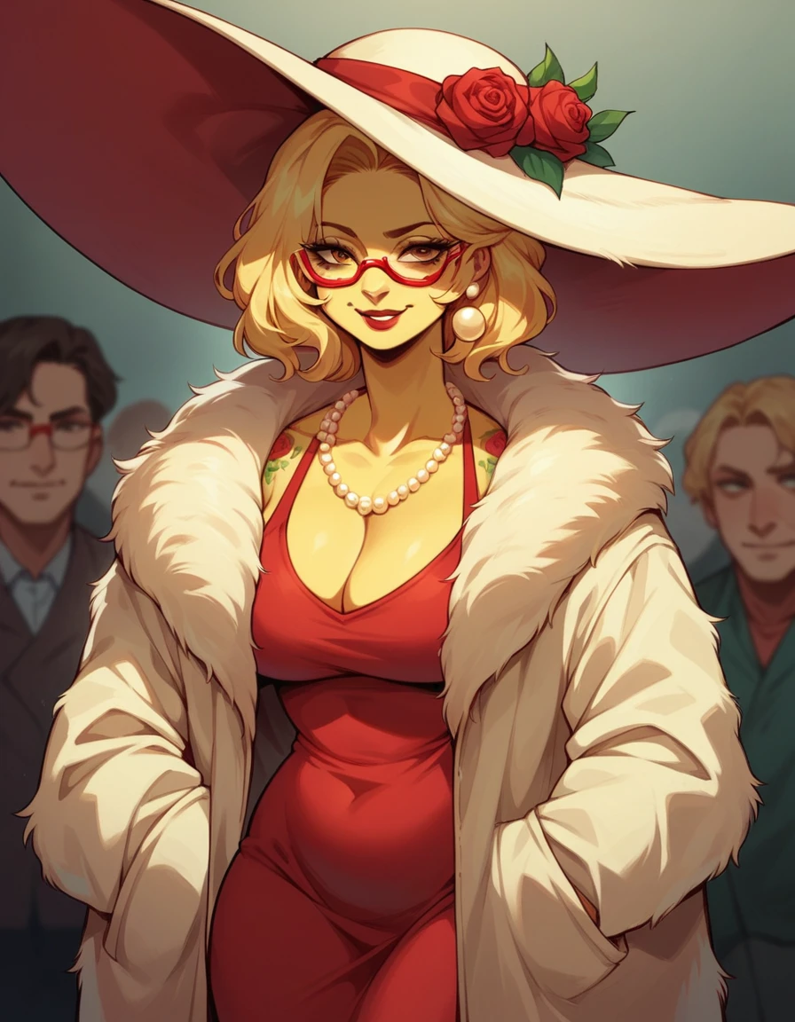 blonde hair woman, milf, several golden pearl necklaces, long necklaces, red glasses, roses tattoos covering the entire body, thin chin, red dress, red big hat, yellow fur coat jacket, friendly