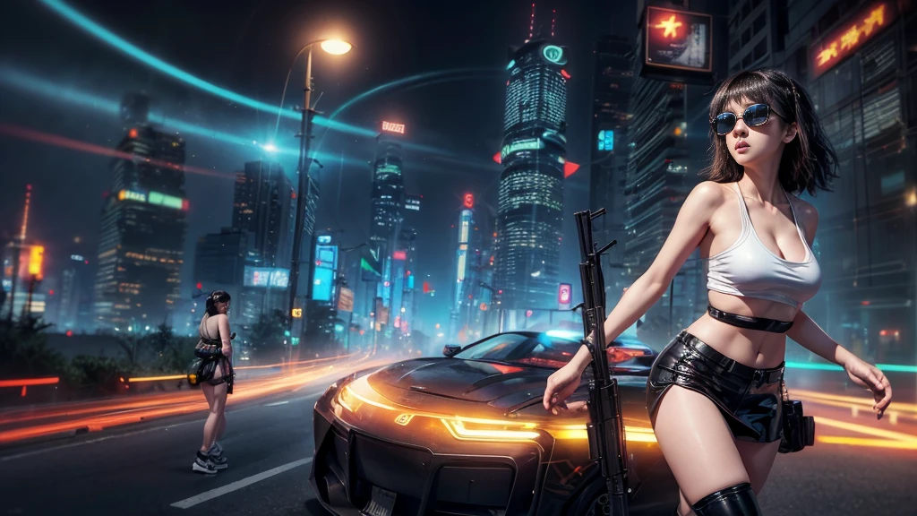 8k, Realistic Skin Texture, Realistic Photo, Neo Tokyo, slim women, large-breast:1.3 cleavage:1.2, AD2050 at night, Dirty hunting jacket, Wearing tube top, miniskirt, (((black sunglasses, automatic rifle, sneakers, cold, shooting pose, very low angle view))), Innovative composition, revenge, cyberpunk, blade runner worldview, Large neon sign, Geisha hologram sign, Strong Wakamoto Sign.