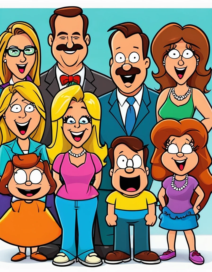 Create a playful and exaggerated cartoon version of the "Married with Children" characters, with quirky expressions and vibrant colors. Think of styles similar to Matt Groening or Butch Hartman.