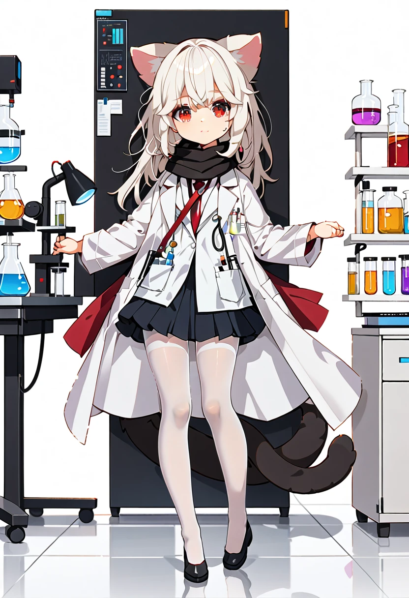 masterpiece, highest quality, highest resolution, clear_image, detailed details, White hair, long hair, cat ears, 1 girl, red eyes, white lab coat (with a black short skirt), white pantyhose, white scarf (around the neck), cute, full body, no water marks, laboratory, no extra limps, no extra body