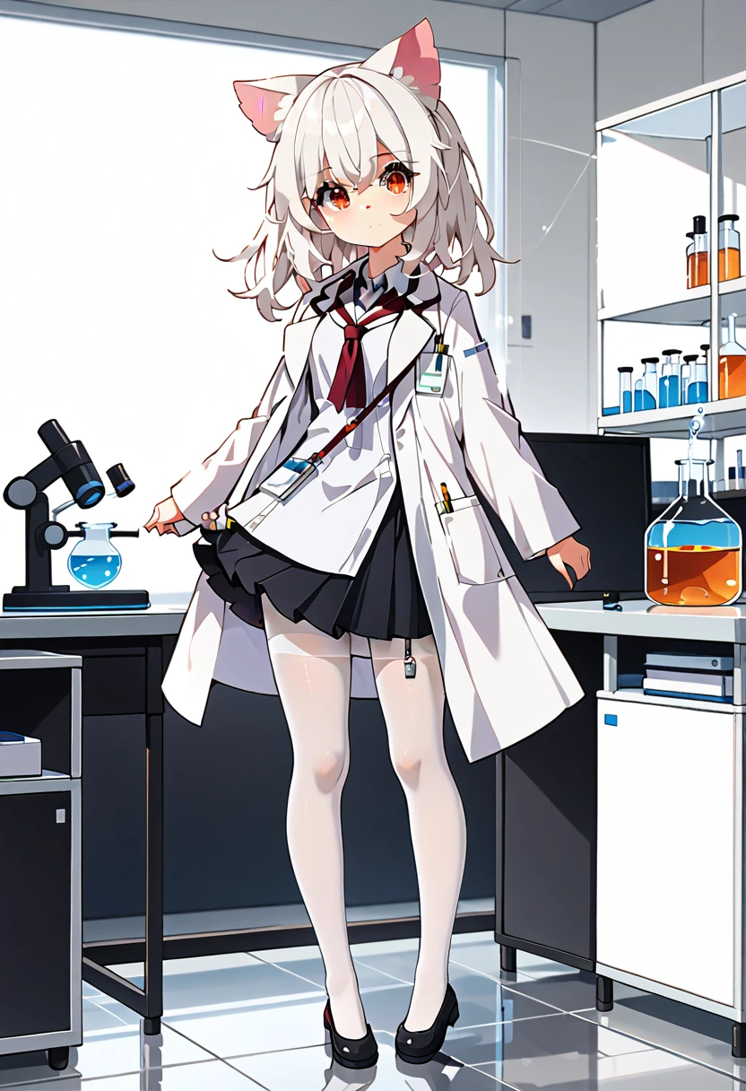 masterpiece, highest quality, highest resolution, clear_image, detailed details, White hair, long hair, cat ears, 1 girl, red eyes, white lab coat (with a black short skirt), white pantyhose, white scarf (around the neck), cute, full body, no water marks, laboratory, no extra limps, no extra body