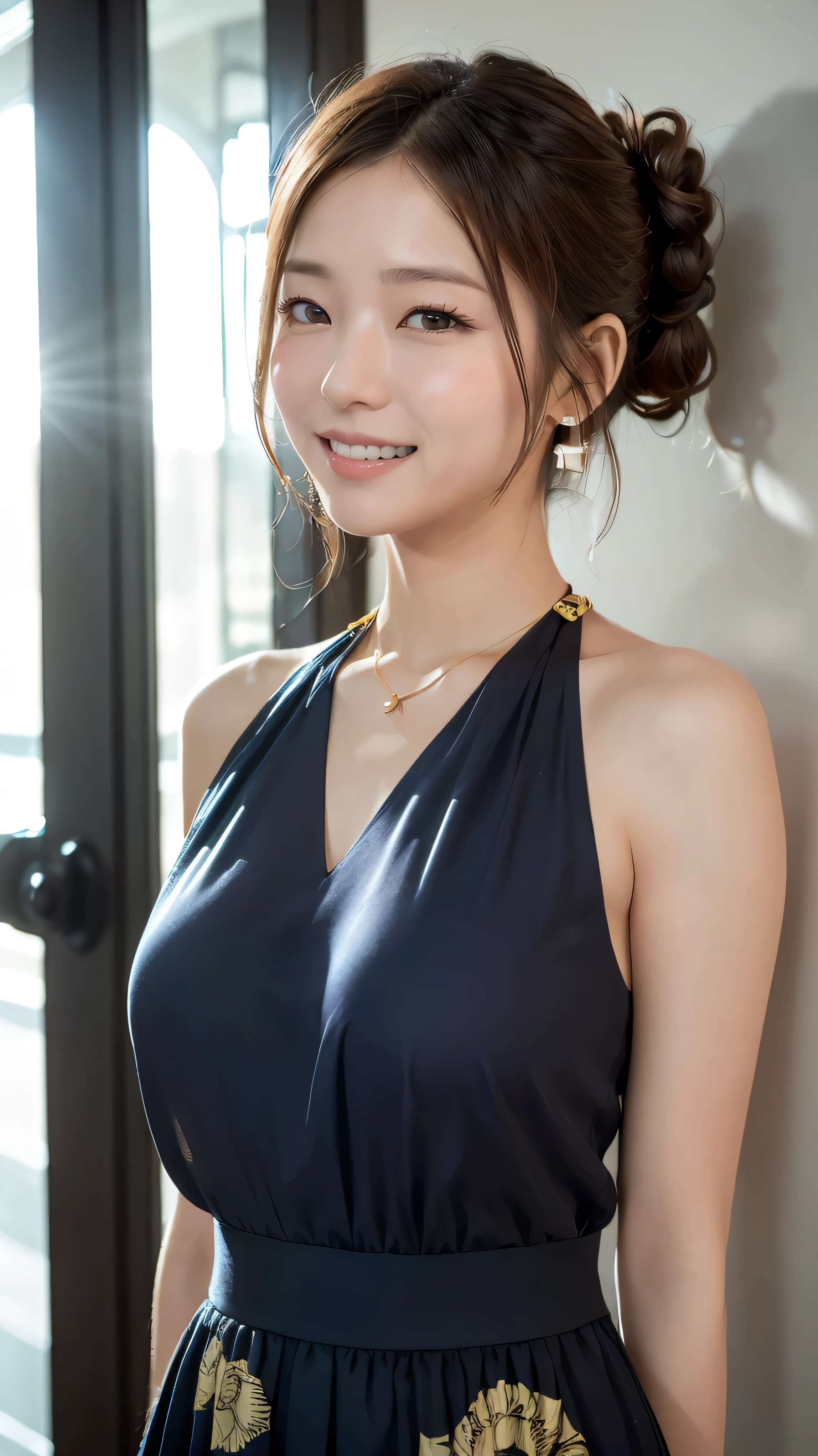 (((1girl:1.3))), ((20yo:1.3)), (she is most Intelligent President's Secretary), 
BREAK 
(surprised smile:1.2), ((neat-theme hairstyle:1.3, Side-swept hairstyle:1.4), loosely wavy hair, side-swept bangs), ((luxurious studs necklace:1.2)), 
((medium large breasts:1.3)), (Accentuated breasts:1.3, film breasts, nicely shaped breasts:1.1, perfect body), 
BREAK 
Formal dress(mixed dress of (sleeveless Chinese style dress(color : blue) with bare-shoulders and (Chiffon dress), halter-neck, ((pattern : all over the dress gold dragon print)), (loose style), (pin-heels)), detailed dress, high-detailed fabric, high-quality Secretary  dress, high-quality clothes Texture, 
BREAK 
(Standing with elegant pose in front of wide glass door of entrance of Luxurious office building:1.3), 
((a luxurious sofa, luxurious interiors, and potted plants inside Seeing through the glass door)), ((long shot:1.3)), 
BREAK 
((Please create a photo that conveys her serious expression and the sense of realism at the work moment she is walking:1.3)), 
BREAK 
(sunset lighting:1.5, backlighting:1.3), (light and shadow:1.4), ((Upper body shot:1.5)), (from below:1.3), ((Focus on her:1.2)),