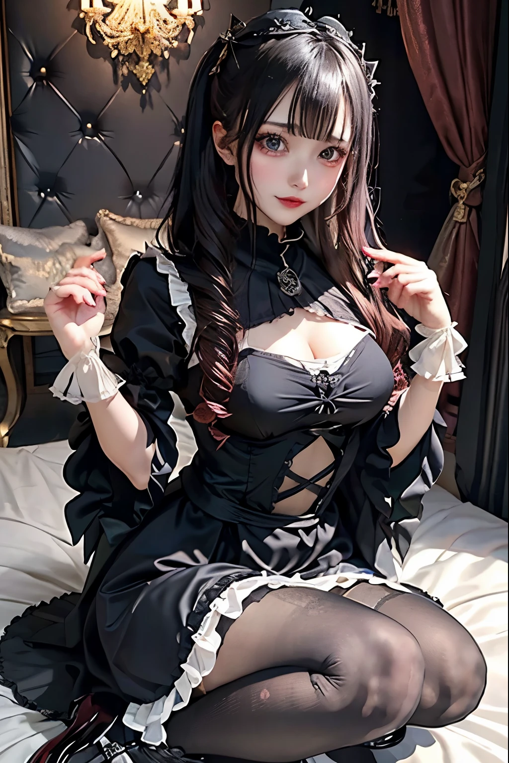 1girl lying back in bed sleeping, bra, breasts, cleavage, closed eyes, lips, vampire, open_mouth, photo_\ (medium\), realistic, sleeping, solo, stuffed_animal, stuffed_toy, teddy_bear, black, (masterpiece), (photorealistic: 1.3), nfsw, ultra-detailed, (highly detailed skin: 1.2), (best quality: 1.0), (ultra highres: 1.0), (ulzzang-6500:0.3), short wavy hair detailed, dark dark room bed, sleep in bed,   dakimakura cover, from above, (beautiful detailed makeup), (sexually aroused blushing heavy breathing: 1.0), flower flower petals floral theme spread, (soft glow flower: 0.5)