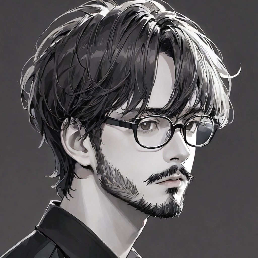 (((Black and white art:1.2、Sepia photo、RAW Photos、Film Grain)))、highest quality、High resolution、High resolution、Cinema Lighting、Black and white photography、Professional Photographer、Attractive hairstyle、man, with stubble, short beard, short mustache, Beard scum, slightly curly hair, and black square plastic-framed glasses,whole body