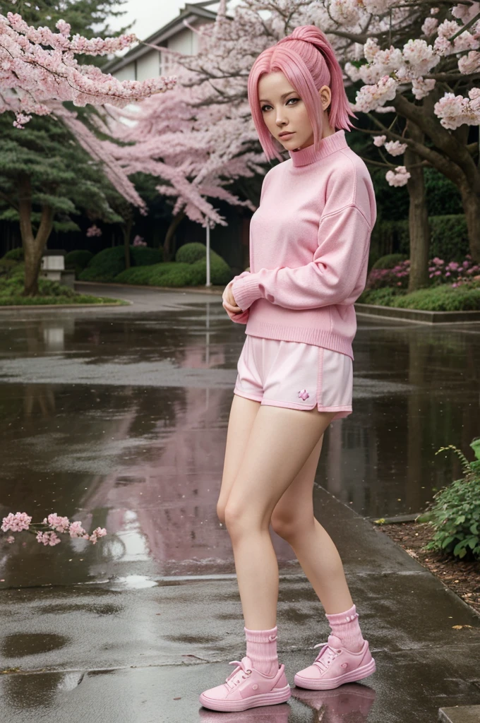 Sakura Haruno pink hair in pink sweater and pink underwear and white shoes   in rain.