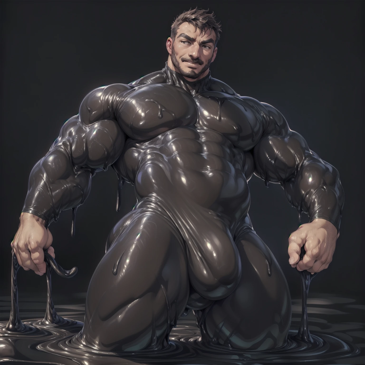 big bulge,tenting,sexy pose:2, on black slime,slime,standing in black slime tentacles,(((human head:male,bara face,short hair:brown,melting:1))),(in black slime rubber suit,rubber suit:1.5 ),(black slime backgrounds:2 ),(by ross ,by null-ghost, by thebigslick, by darkgem, by honovy)
