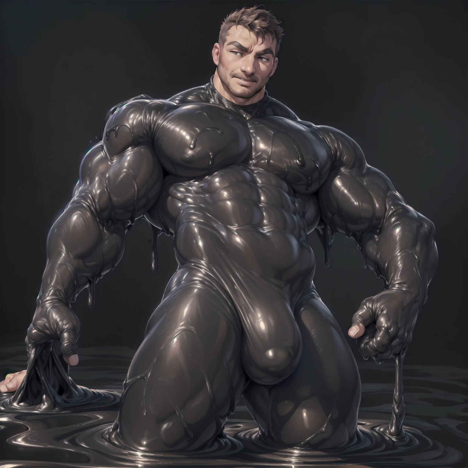 big bulge,tenting,sexy pose:2, on black slime,slime,standing in black slime tentacles,(((human head:male,bara face,short hair:brown,melting:1))),(in black slime rubber suit,rubber suit:1.5 ),(black slime backgrounds:2 ),(by ross ,by null-ghost, by thebigslick, by darkgem, by honovy)