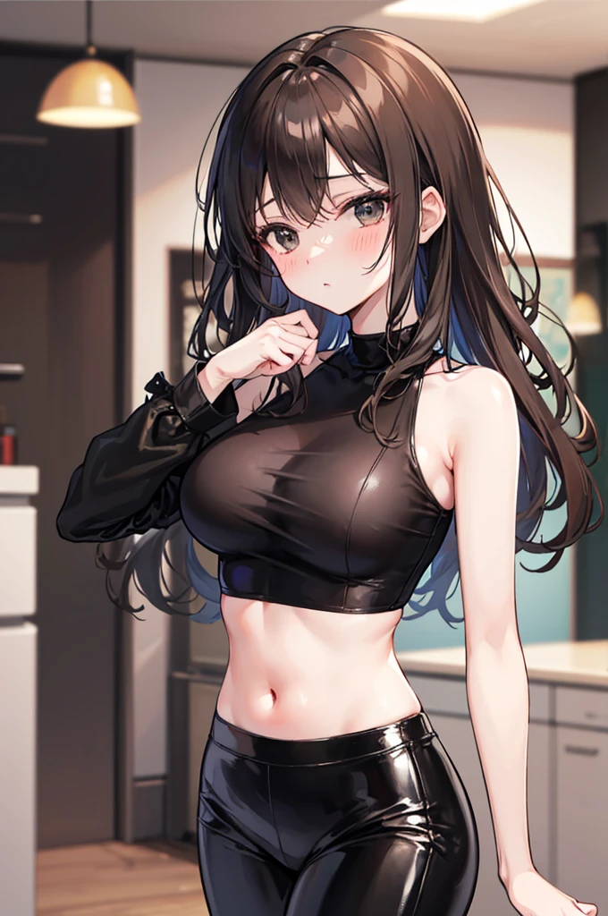 A 29-year-old girl who works as a porn actress, Clothes: a tight cropped black top, short latex pants, long brown hair, black eyes, high quality, blur, beautiful, Women, round blush on the cheeks, cute expression.