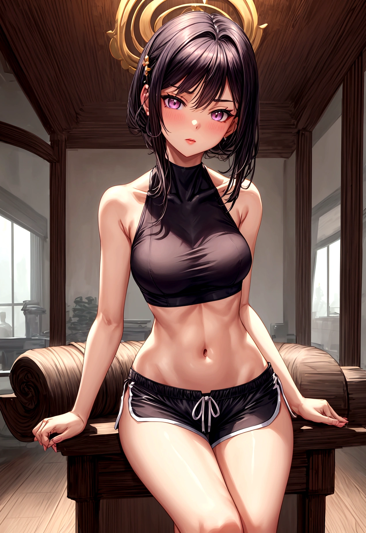 (sleeveless halter neck crop top, knee length waist band gym shorts ),gorgeous, masterpiece, best quality, high-resolution, finely detailed, extremely detailed and beautiful, distinct-image, 1 girl, 16 year old ager, solo, sharp facial features, oval shaped face. cherry pink lips, lightly tanned white skin. velvet-colored eyes, C-cup breasts, tall height(175cm), slim yet chiseled body type, short shoulder length dark violet-black hair, small narrow waist, long and slender legs, curvy wide hips, elegant training courtyard setting
