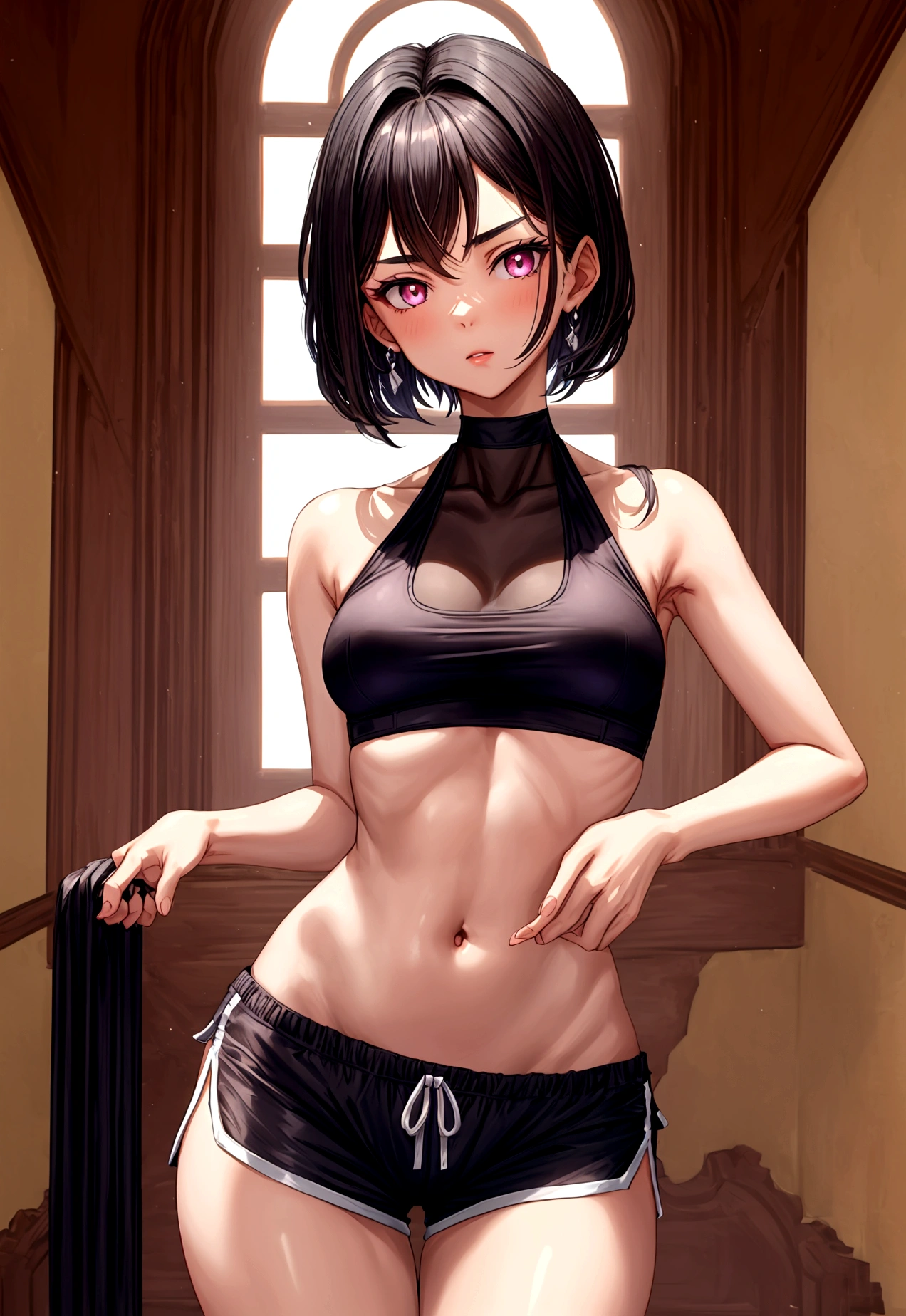 (sleeveless halter neck crop top, knee length waist band gym shorts ),gorgeous, masterpiece, best quality, high-resolution, finely detailed, extremely detailed and beautiful, distinct-image, 1 girl, 16 year old teenager, solo, sharp facial features, oval shaped face. cherry pink lips, lightly tanned white skin. velvet-colored eyes, C-cup breasts, tall height(175cm), slim yet chiseled body type, short shoulder length dark violet-black hair, small narrow waist, long and slender legs, curvy wide hips, elegant training courtyard setting