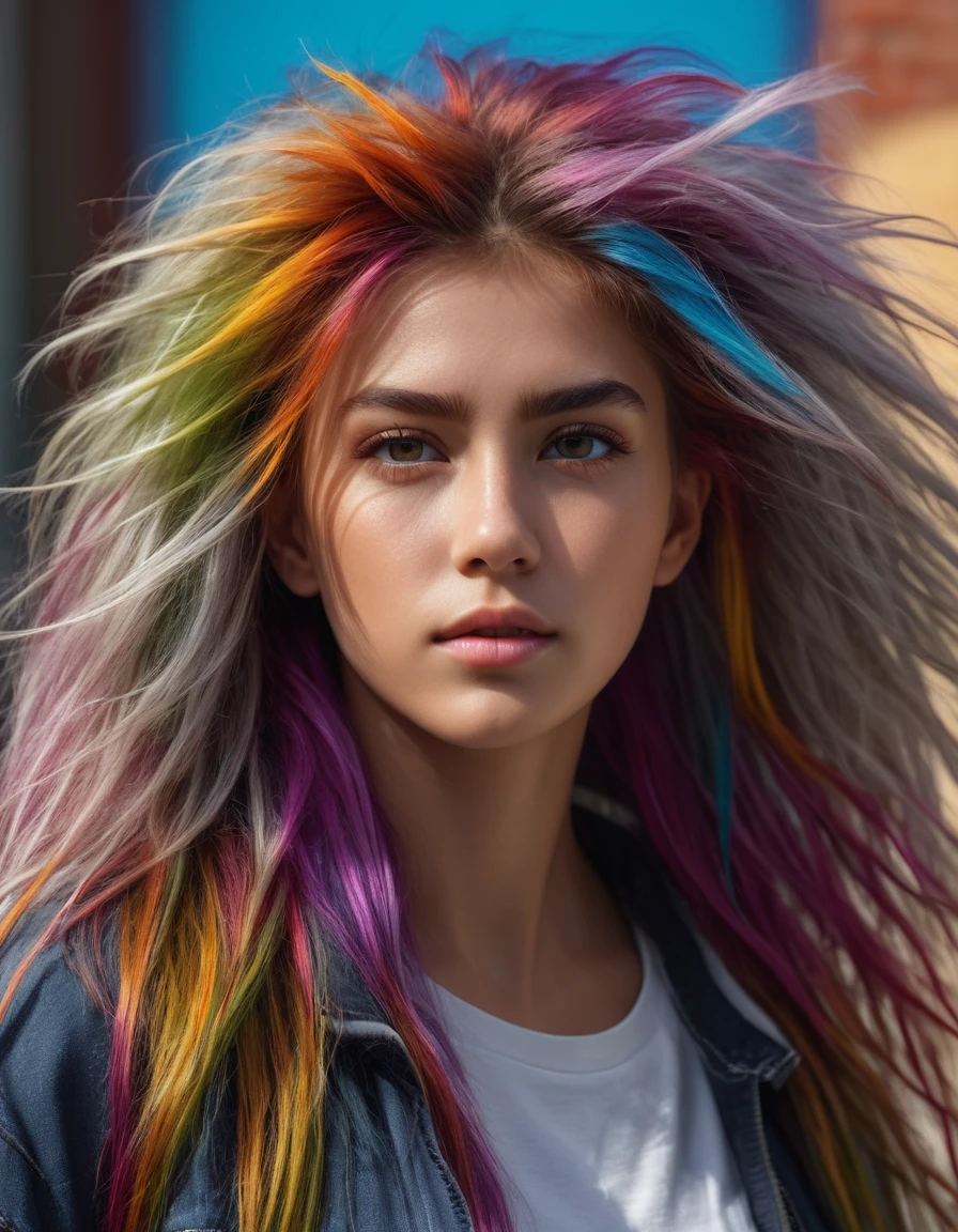 (masterpiece:1.1), (highest quality:1.1), (HDR:1.0), girl with really wild hair, mane, multicolored hairlighting, (from front:0.6)
, detailed, realistic, 8k uhd, high quality