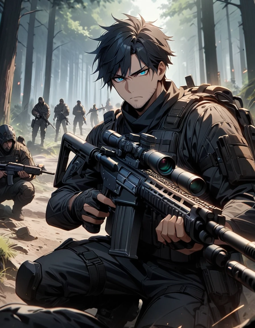 Masterpiece, best quality, 1 man, 30 year old man, focus man, alone, alone focus, black hair, Turquoise eyes, black bulletproof vest, Mercenaries, (holding an assault rifle), Crouching position, forest backdrop, War zone, serious, solemn face, Dangerous atmosphere.