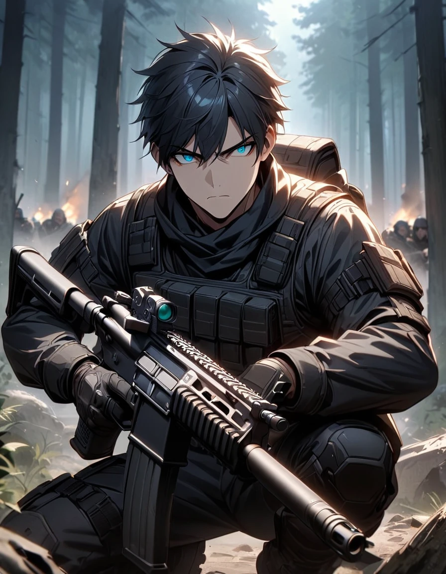 Masterpiece, best quality, 1 man, 30 year old man, focus man, alone, alone focus, black hair, Turquoise eyes, black bulletproof vest, Mercenaries, (holding an assault rifle), Crouching position, forest backdrop, War zone, serious, solemn face, Dangerous atmosphere.