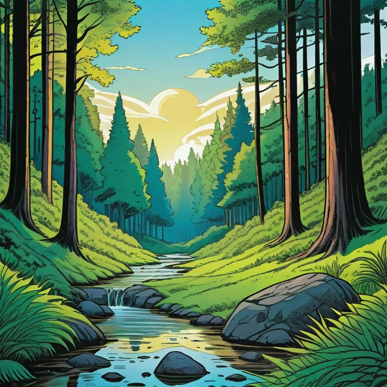 A painting of a river running through a forest with trees - SeaArt AI