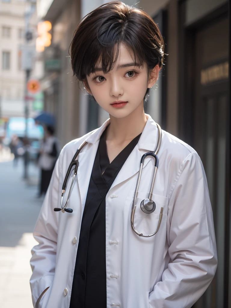 The clothes are changed into suits and the stethoscope on the neck disappears.