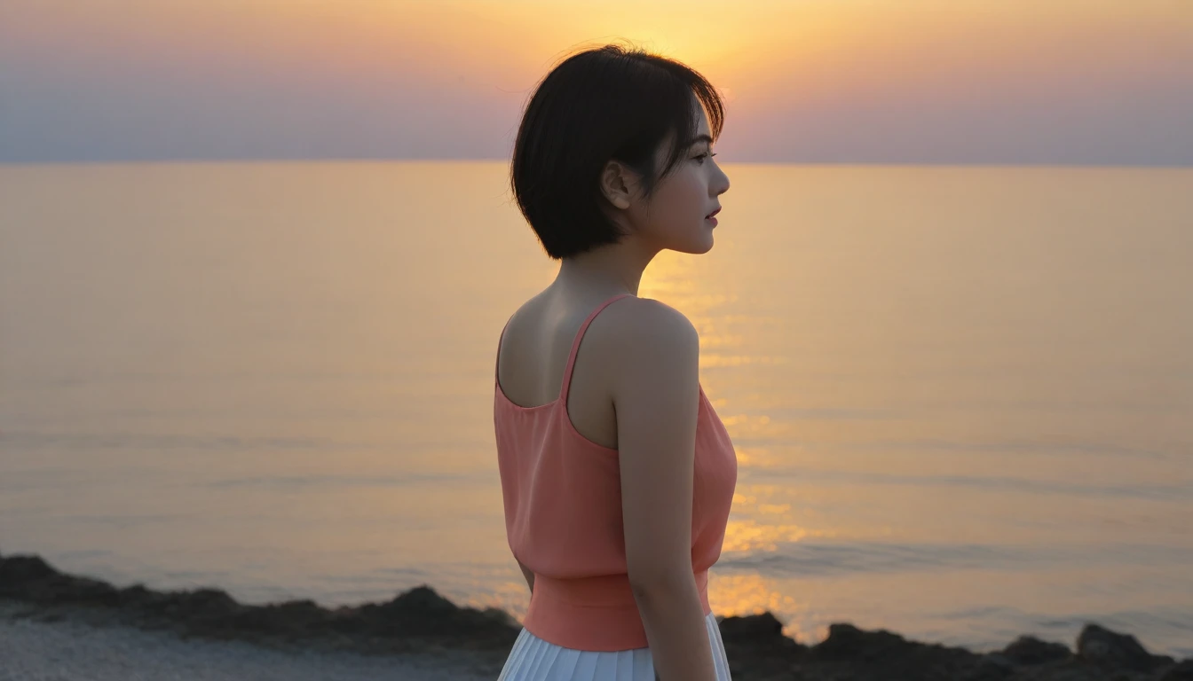 K Realistic, living photos, Realistic appearance of nature, , Side view looking at the sea at sunset. Close-up beautiful woman look , Side view of an Asian woman wearing a sleeveless light skirt, burning sunset light, short medium hair, 1 woman, uhd