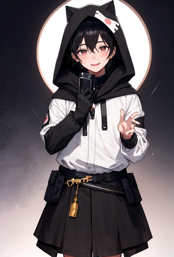 (A boy))，adorable captivating, black hair , boy , ambar eyes , white skin , 1 boy , boy , in black hood , He is smiling ,The blush gradually rises，Shy, But handsome。, boy , 1boy ,The picture style is fresh and simple，Rendered like a comic，The lens is shown as a vista，8k , （Anime style+Soft cute），Anatomically correct，Accurate