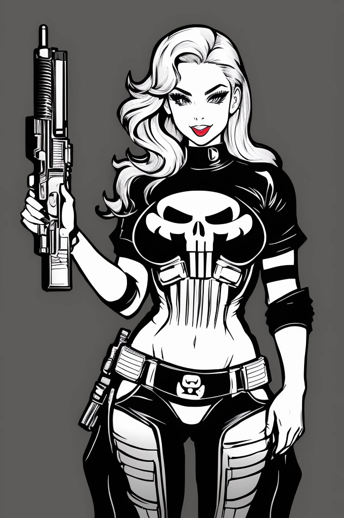 sexy pinup wearing a punisher shirt, coloring page, black and white, white background, entire body in shot, holding highly detailed gun