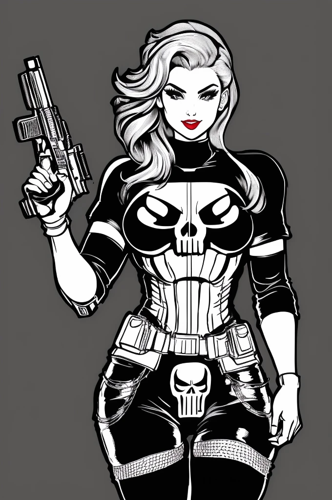 sexy pinup wearing a punisher shirt, coloring page, black and white, white background, entire body in shot, holding highly detailed gun