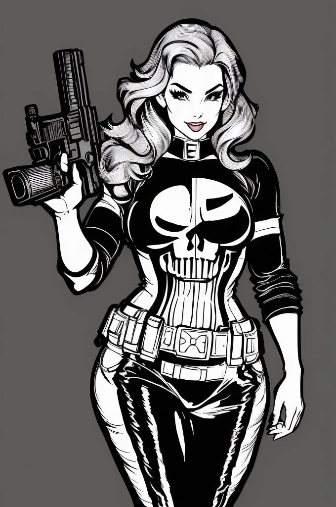 sexy pinup wearing a punisher shirt, coloring page, black and white, white background, entire body in shot, holding highly detailed gun