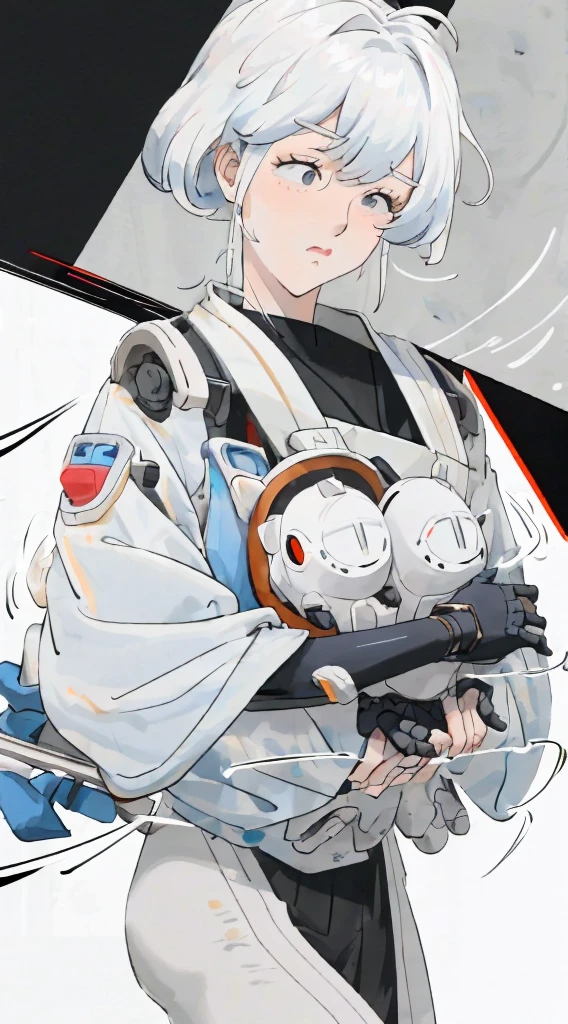 Anime girl, white hair, bangs, eye mask covering eyes and nose, robotic arms, holding eyemask aloft, style fusion of Atey Ghailan and Katsuhiro Otomo, with a blend of soft, pastel colors and dynamic sci-fi elements, digital painting, ultra fine, cinematic