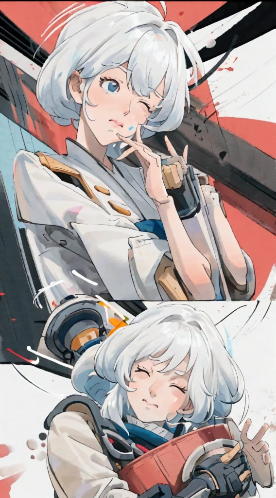 Anime girl, white hair, bangs, eye mask covering eyes and nose, robotic arms, holding eyemask aloft, style fusion of Atey Ghailan and Katsuhiro Otomo, with a blend of soft, pastel colors and dynamic sci-fi elements, digital painting, ultra fine, cinematic