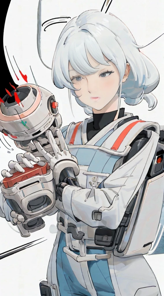 Anime girl, white hair, bangs, eye mask covering eyes and nose, robotic arms, holding eyemask aloft, style fusion of Atey Ghailan and Katsuhiro Otomo, with a blend of soft, pastel colors and dynamic sci-fi elements, digital painting, ultra fine, cinematic