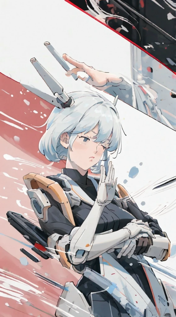 Anime girl, white hair, bangs, eye mask covering eyes and nose, robotic arms, holding eyemask aloft, style fusion of Atey Ghailan and Katsuhiro Otomo, with a blend of soft, pastel colors and dynamic sci-fi elements, digital painting, ultra fine, cinematic