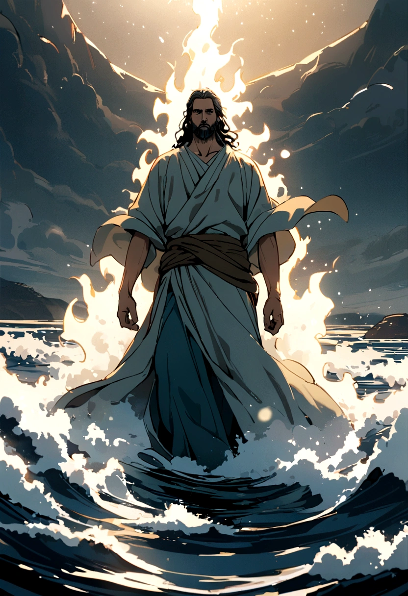 Image of Moses from the Bible with the whole body walking on water