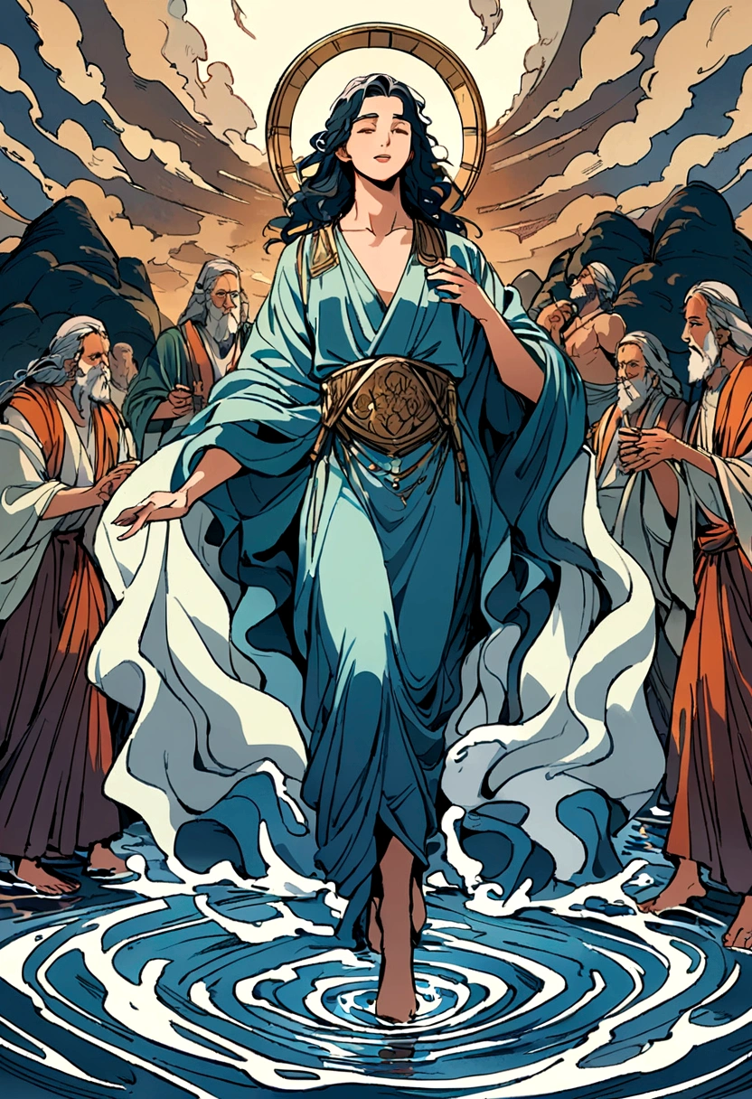 Image of Moses from the Bible with the whole body walking on water