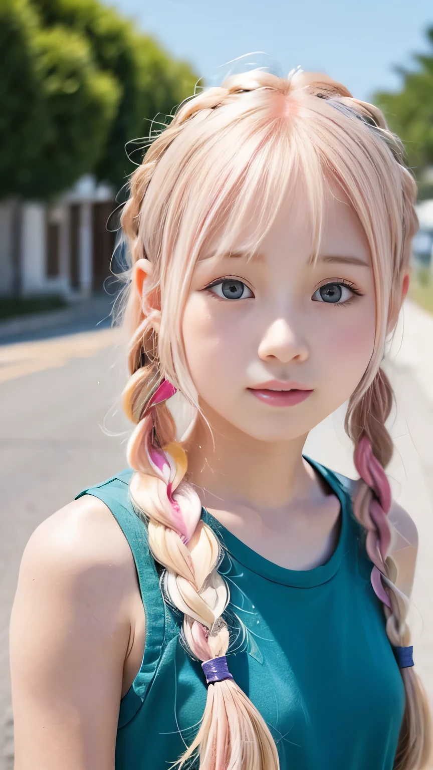 pale, Sunburned skin、Sunburn marks on Sunburned skin、Multicolored Hair、Pink Hair,blonde,Platinum Hair,Brown Hair、A cute 15-year-old girl with a cute expression, A strong wind blows my hair in front of my face、beautiful long blonde French braided hair、beautiful, Cute eyes hidden by long bangs、yawn、Double teeth、Reduces the appearance of nasolabial folds、