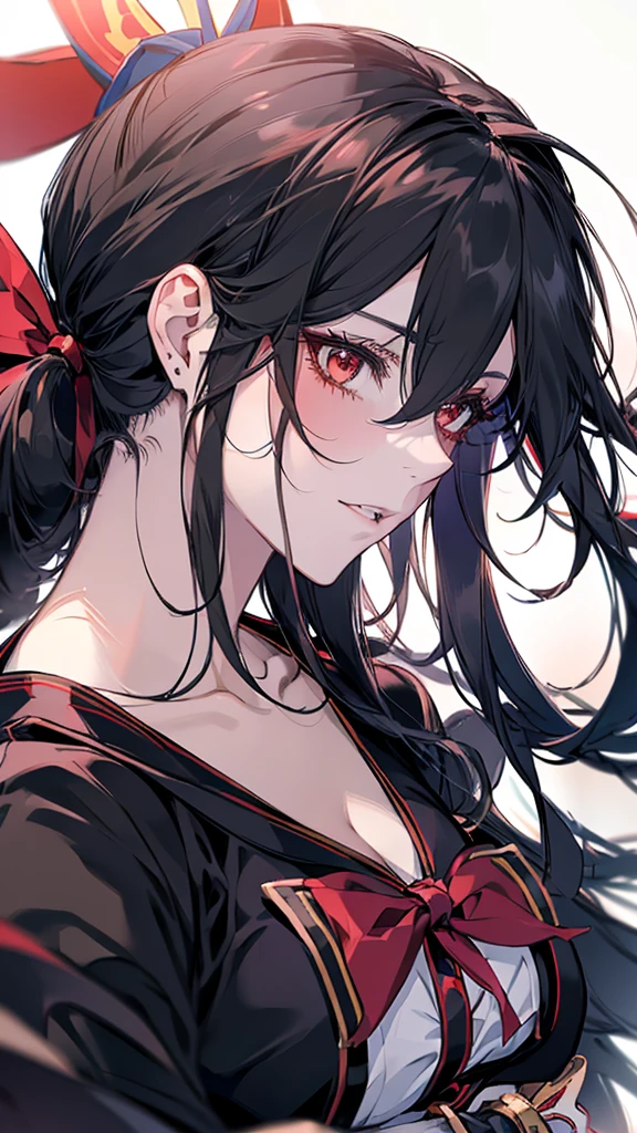 Close-up of a person with long hair and a red ribbon, gapmoe Yandere, gapmoe Yandere grimdark, Yandere, Yandere. expensive, portrait gapmoe Yandere grimdark, The charming Ryuko Matoi, Yandere intricate, Devil Anime Girl, mika kurai demon, ryuko matoi, Profile picture
