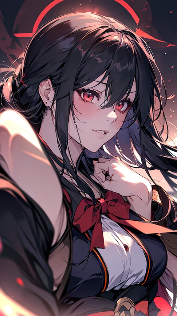 Close-up of a person with long hair and a red ribbon, gapmoe Yandere, gapmoe Yandere grimdark, Yandere, Yandere. expensive, portrait gapmoe Yandere grimdark, The charming Ryuko Matoi, Yandere intricate, Devil Anime Girl, mika kurai demon, ryuko matoi, Profile picture
