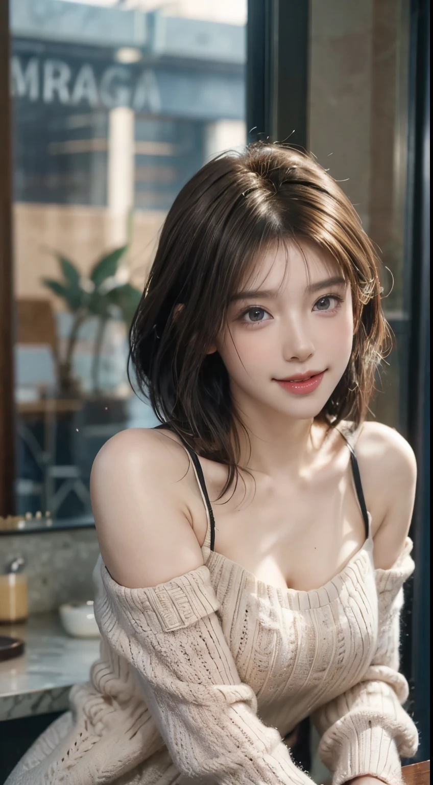 (logo, masterpiece, 8K, Tabletop, RAW Photos, wonderful, 最high quality, Photorealistic and very detailed CG composite 8k wallpaper, high quality, Very detailed, Narrative poem, Particle Effects, Dynamic Effects, Depth of the Boundary, Cinematic Light, Lens flare, Ray Tracing), short hair beautiful young woman, Hair tied back, high detail skin, very fine, fine skin texture, beautiful face, realistic eyes, beautifully detailed eyes, realistic skin, beautiful skin, surreal, smiling eyes, Hair and light eyes, Vibrant, Colorful lights and bokeh. The lighting casts a warm glow on her face and hair, Blue glow, Water surface reflection, Creates a dreamy and magical atmosphere, Big Breasts, Brown Hair, short hair, plump lower lip, pink blush on the cheeks , pink lips, brown tight no-shoulder knit sweater