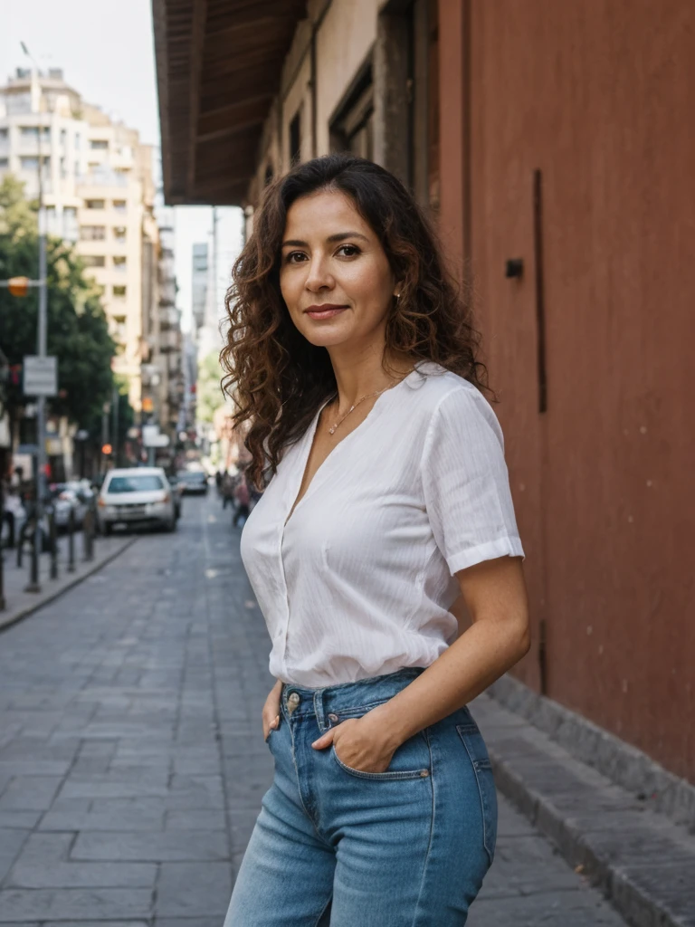 Lina, 1girl, solo, realistic, photorealistic, high quality picture, 8k, high resolution, detailed quality, film grain, natural photo, ultrarealistic, (((40-years-old))), ((detailed wrinkles in her face)), LATINA, (Background: Chile), (((SLIM))), ((THIN)), (Slender) ((Long Curly hair)), Come hither look, fully clothed, Pose: Standing, ((standing along the streets in Chile)), Afternoon, full shot