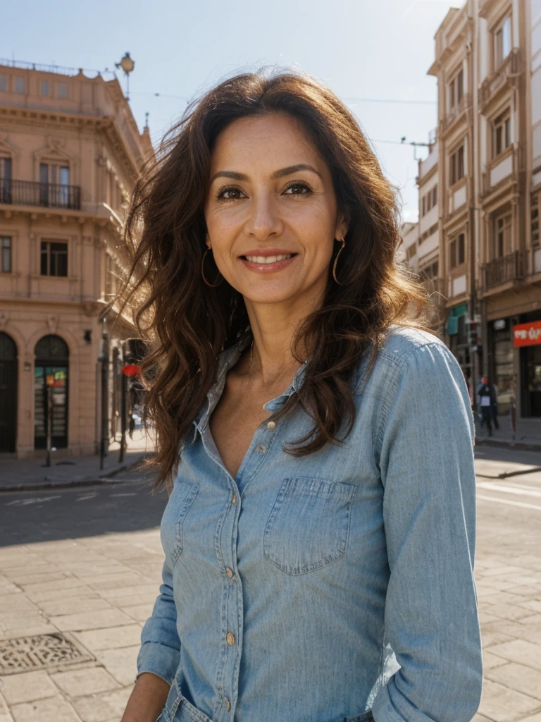 Lina, 1girl, solo, realistic, photorealistic, high quality picture, 8k, high resolution, detailed quality, film grain, natural photo, ultrarealistic, (((40-years-old))), ((detailed wrinkles in her face)), LATINA, (Background: Chile), (((SLIM))), ((THIN)), (Slender) ((Long Curly hair)), Come hither look, fully clothed, Pose: Standing, ((standing along the streets in Chile)), Afternoon, full shot
