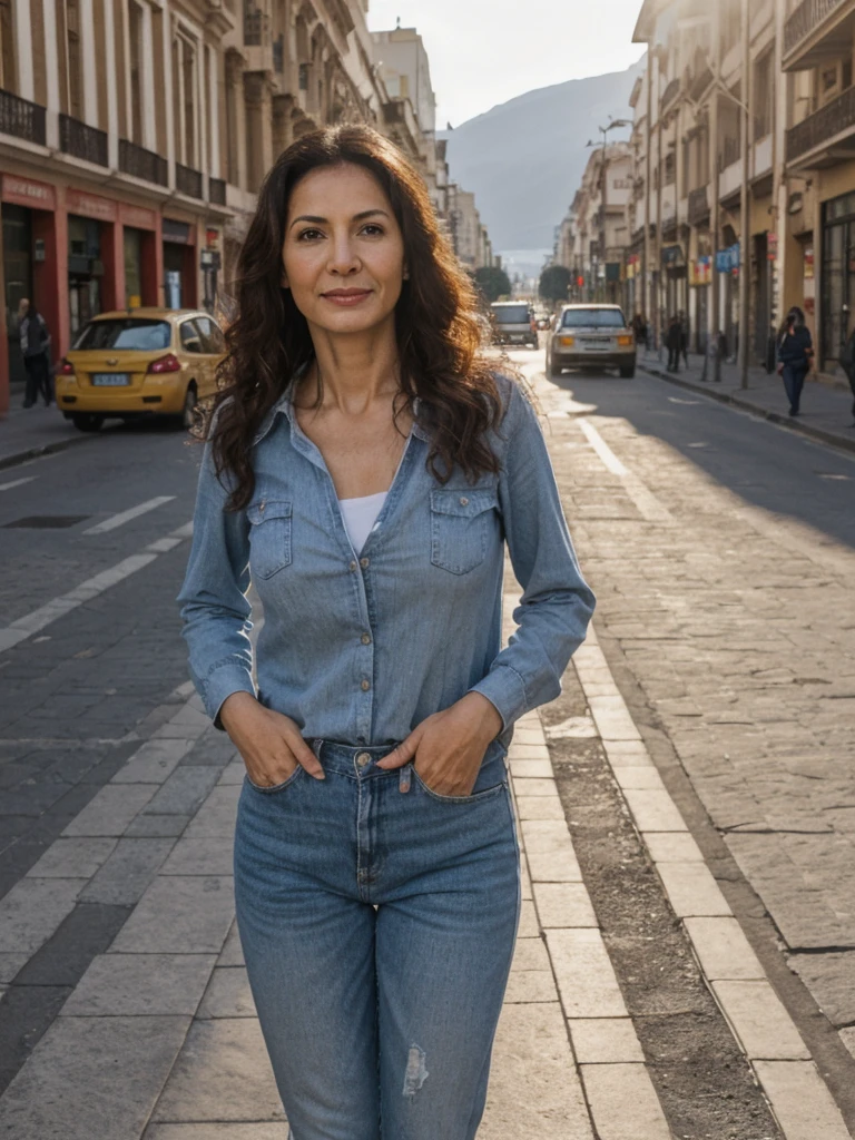 Lina, 1girl, solo, realistic, photorealistic, high quality picture, 8k, high resolution, detailed quality, film grain, natural photo, ultrarealistic, (((40-years-old))), ((detailed wrinkles in her face)), LATINA, (Background: Chile), (((SLIM))), ((THIN)), (Slender) ((Long Curly hair)), Come hither look, fully clothed, Pose: Standing, ((standing along the streets in Chile)), Afternoon, full shot