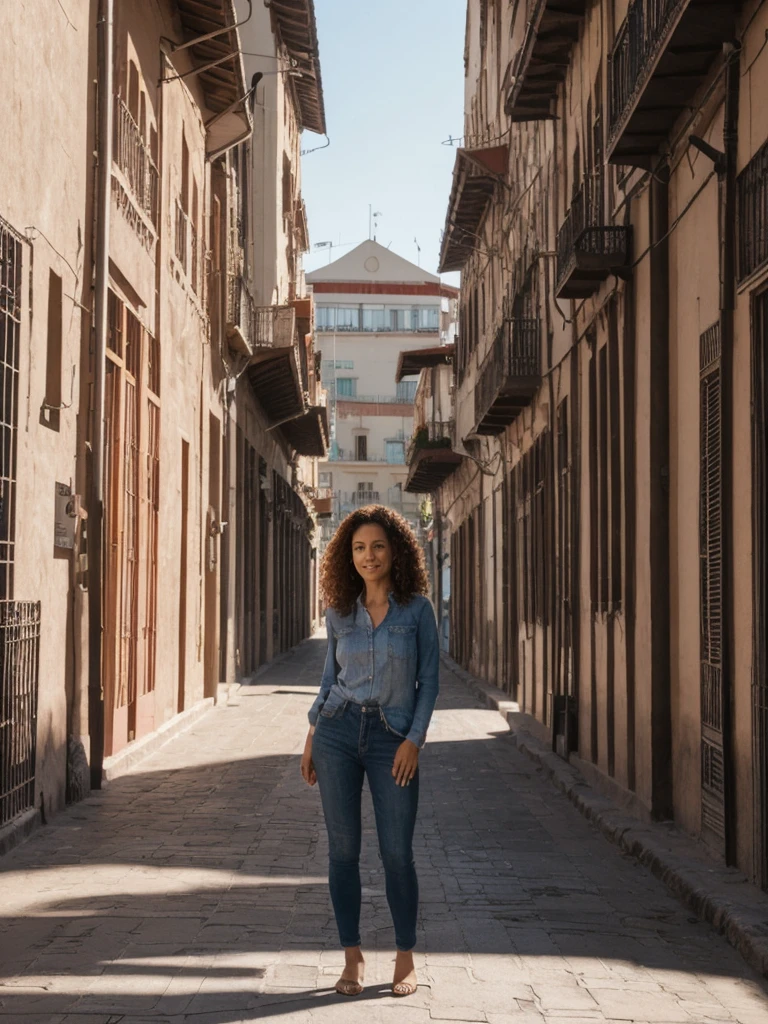 Lina, 1girl, solo, realistic, photorealistic, high quality picture, 8k, high resolution, detailed quality, film grain, natural photo, ultrarealistic, (((40-years-old))), ((detailed wrinkles in her face)), LATINA, (Background: Chile), (((SLIM))), ((THIN)), (Slender) ((Long Curly hair)), Come hither look, fully clothed, Pose: Standing, ((standing along the streets in Chile)), Afternoon, full shot